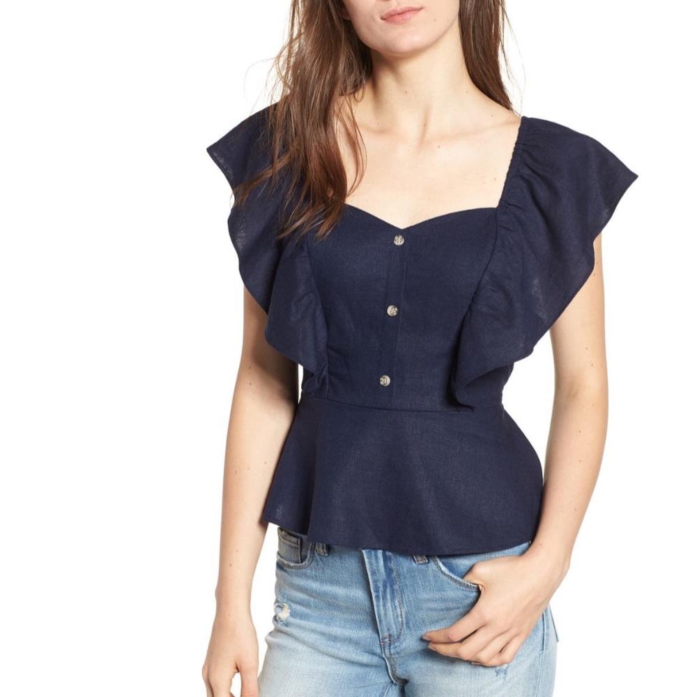B.P Flutter Sleeve Peplum Linen Blend Top